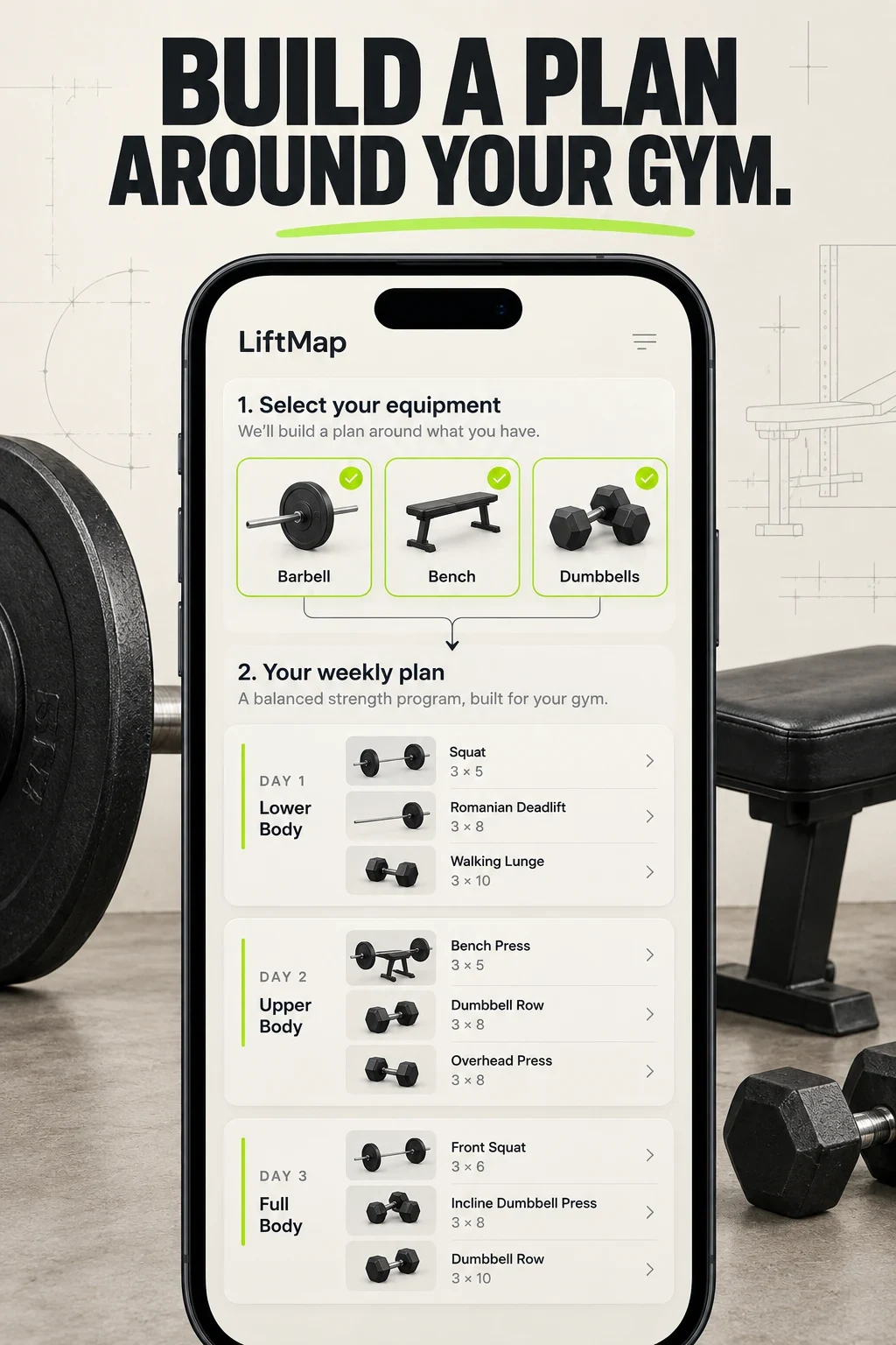 AI concept for fictional LiftMap connecting selected equipment to a three-day strength plan