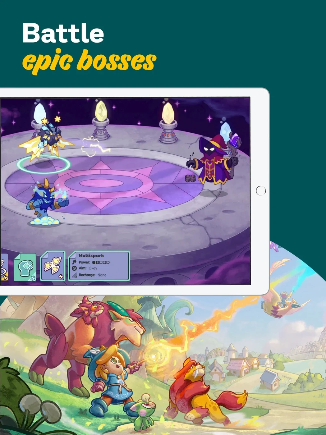Prodigy Math Game, panel 4: A fantasy battle scene presents gameplay.