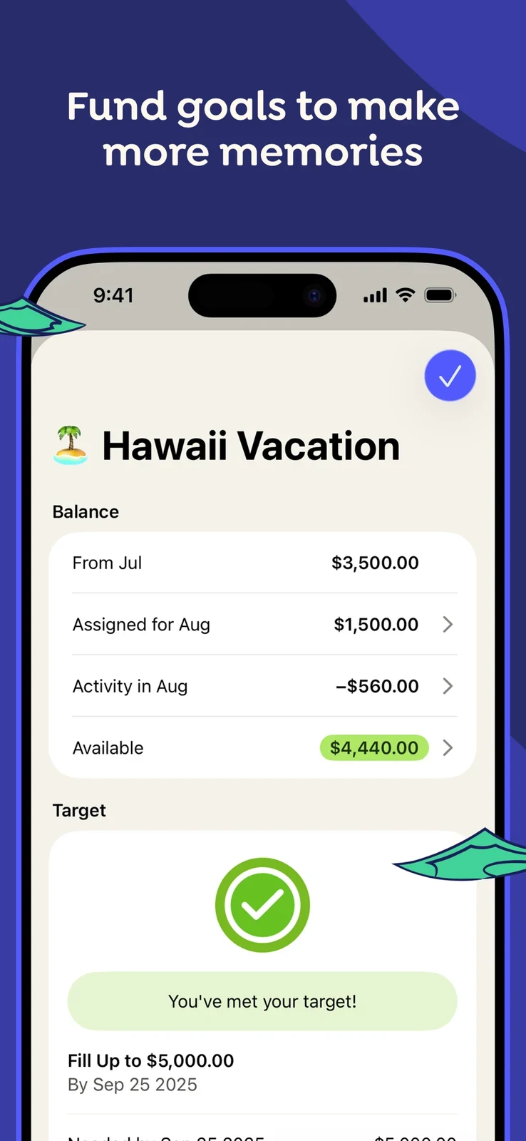 YNAB: goal record with assigned money activity and target status