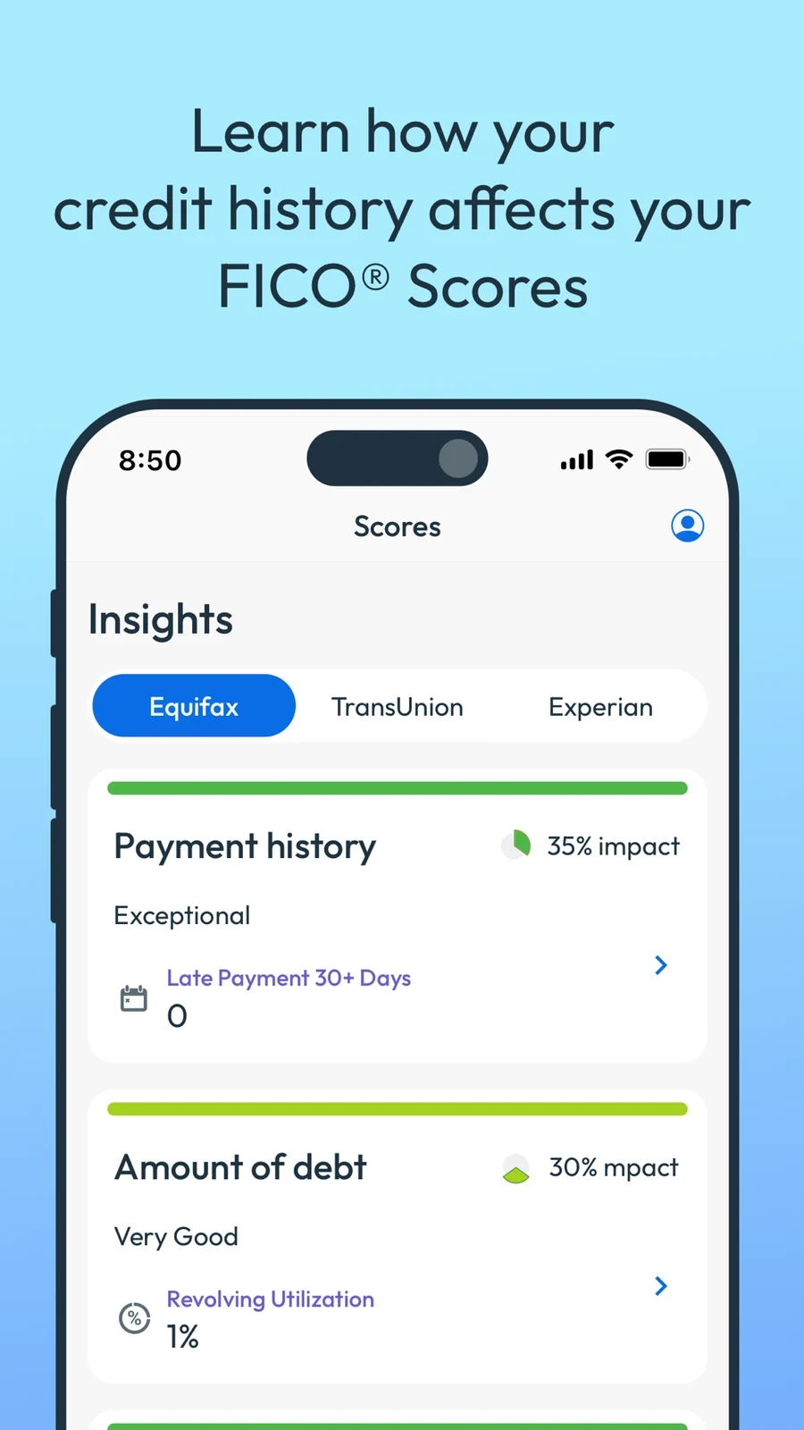 myFICO, panel 2: A factor view separates bureau tabs and payment-history details.