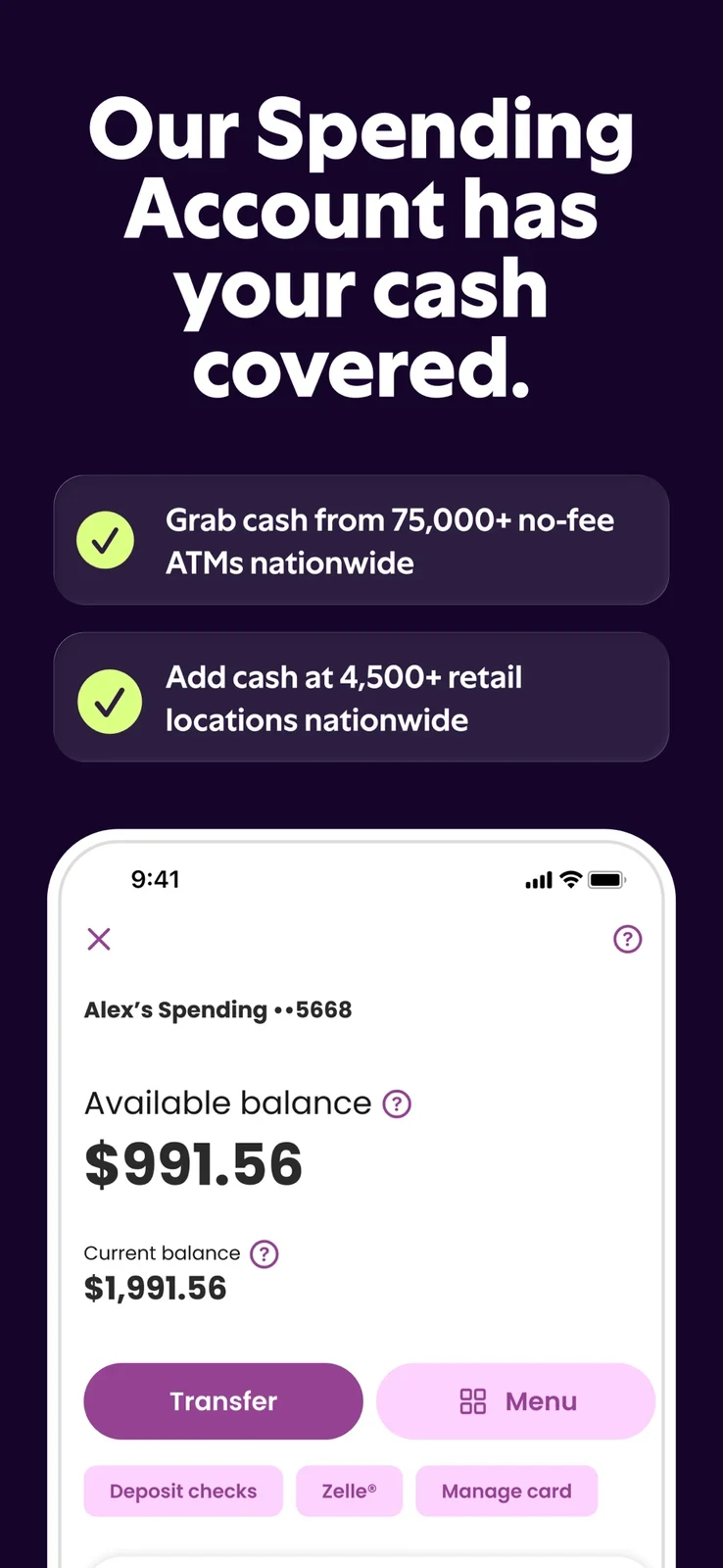 Ally, panel 3: A spending-account view distinguishes current and available balances.