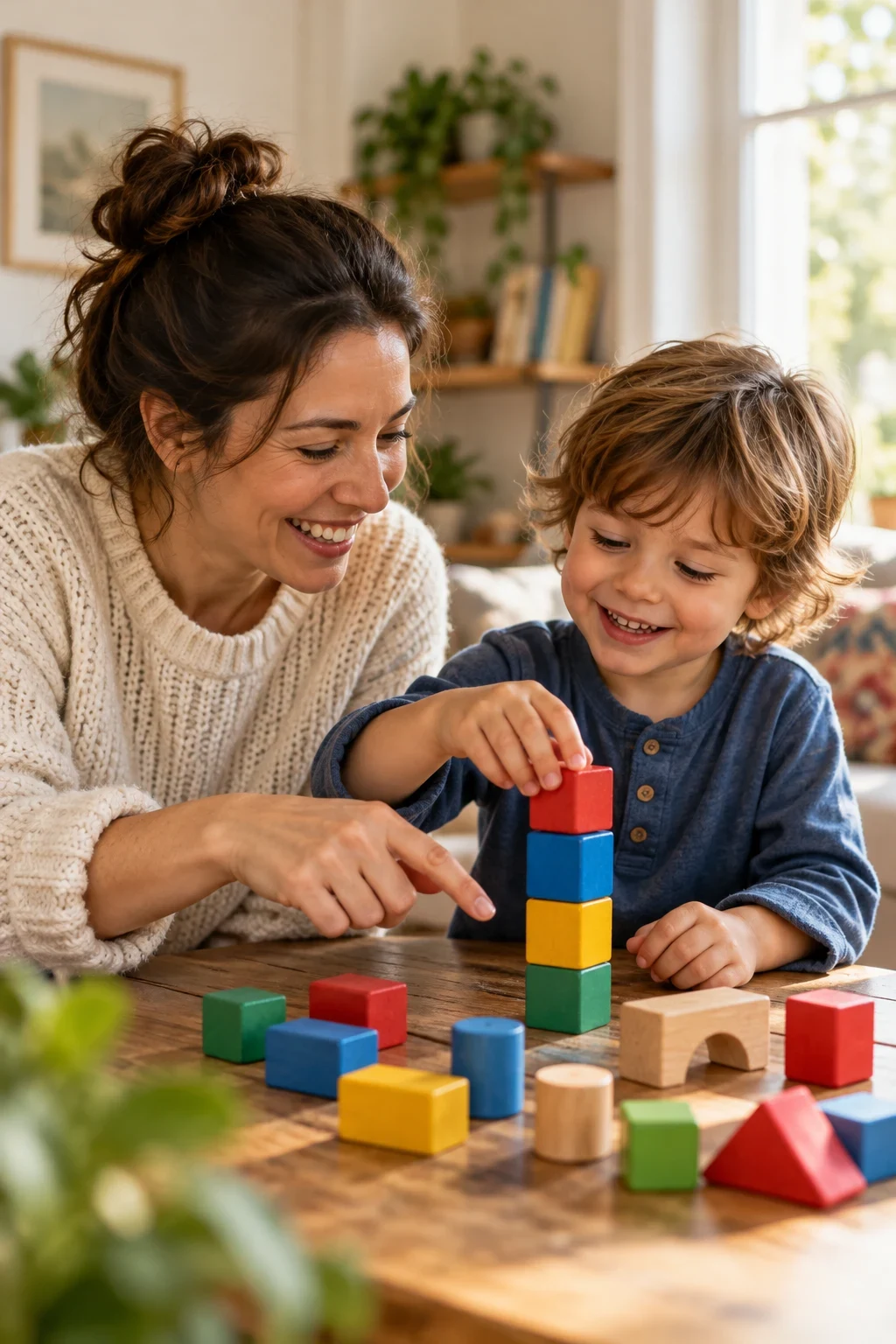 A caregiver and child counting wooden blocks