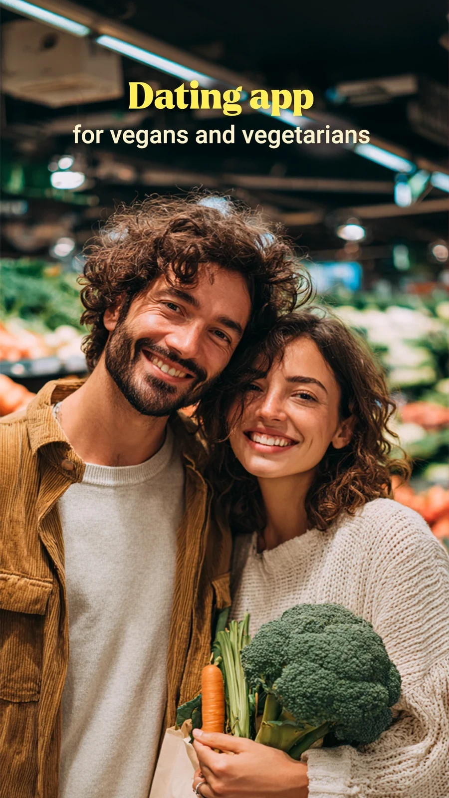 Veggly – Vegan Dating App, panel 1: A couple and headline identify vegan and vegetarian dating.