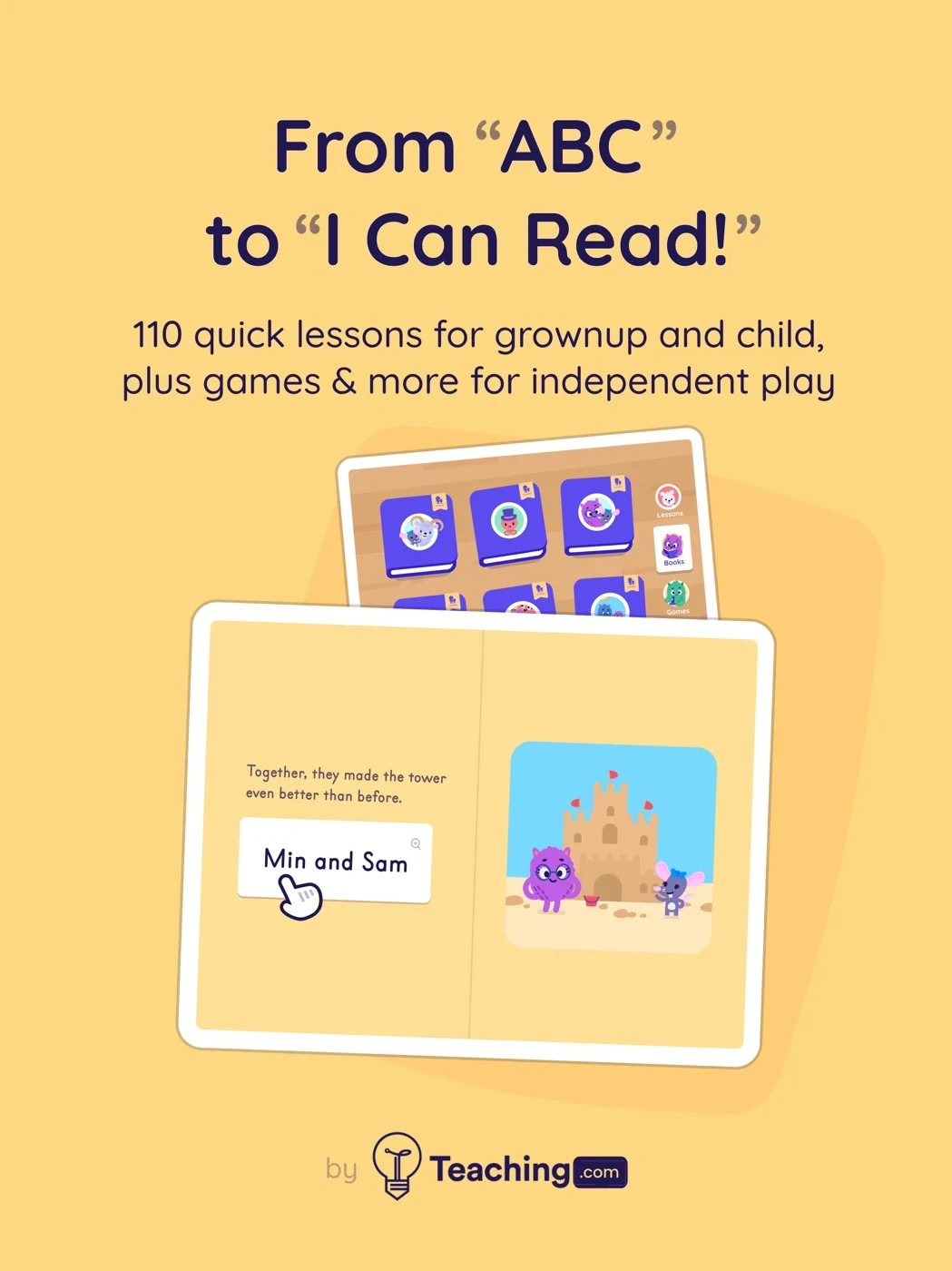 Learn to Read - Reading.com, panel 2: A storybook and lesson count describe adult-guided play.