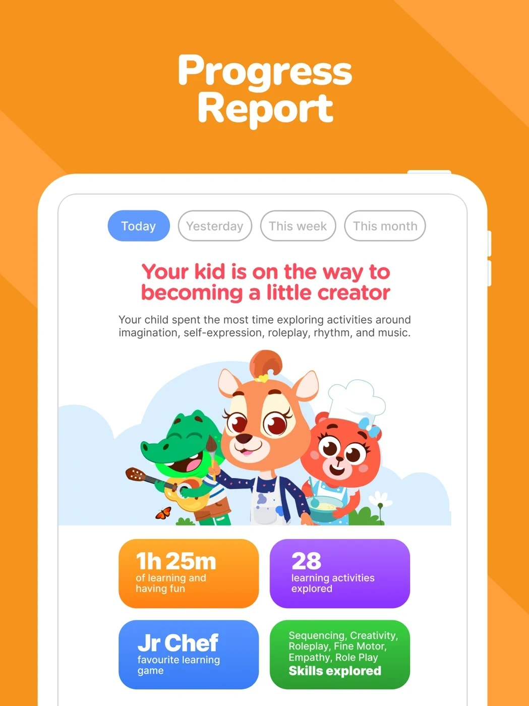 Kiddopia: Kids Learning Games, panel 4: A sample report shows time and skill labels.