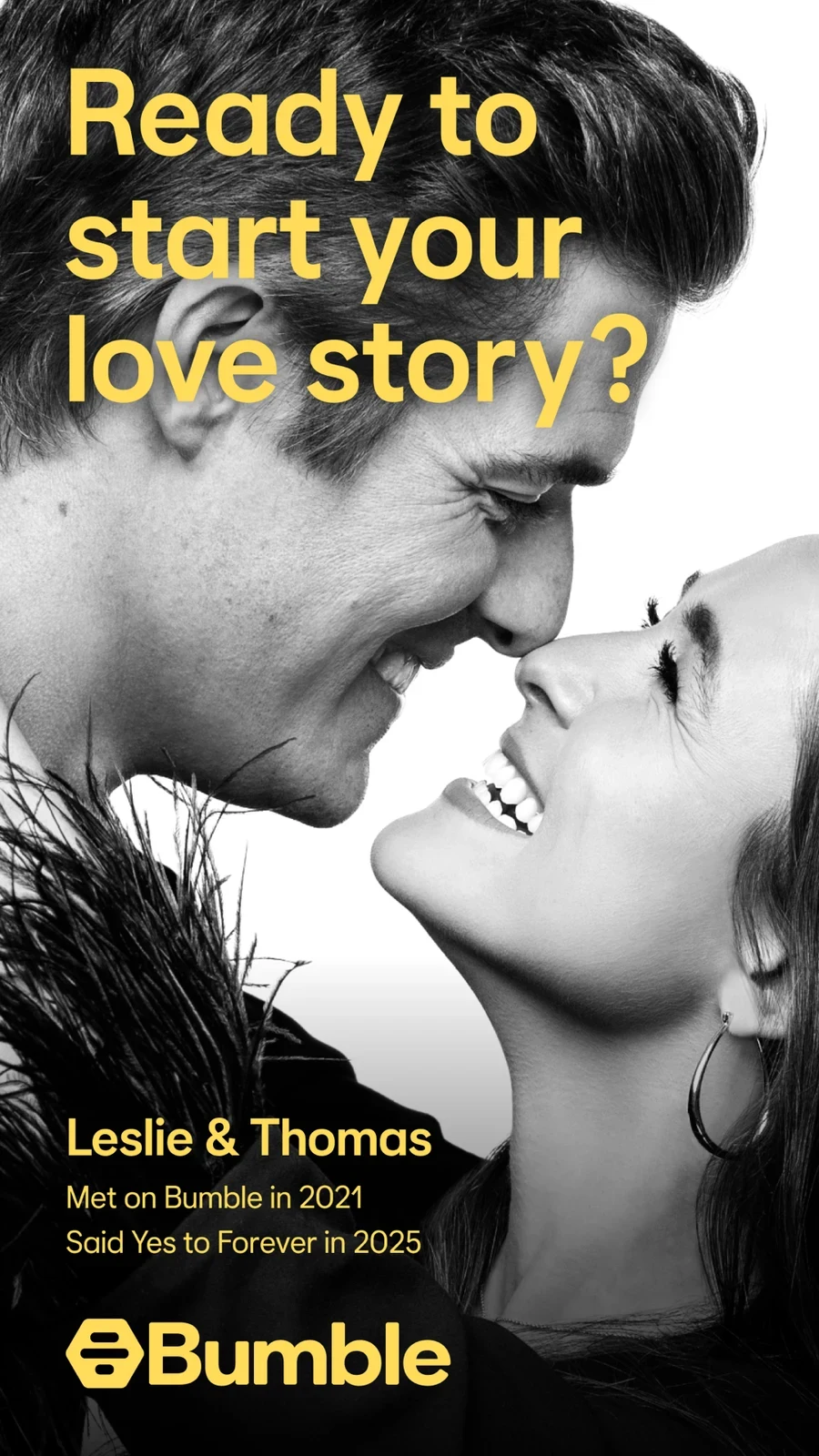 Bumble, panel 1: A couple-led opening presents a relationship story.