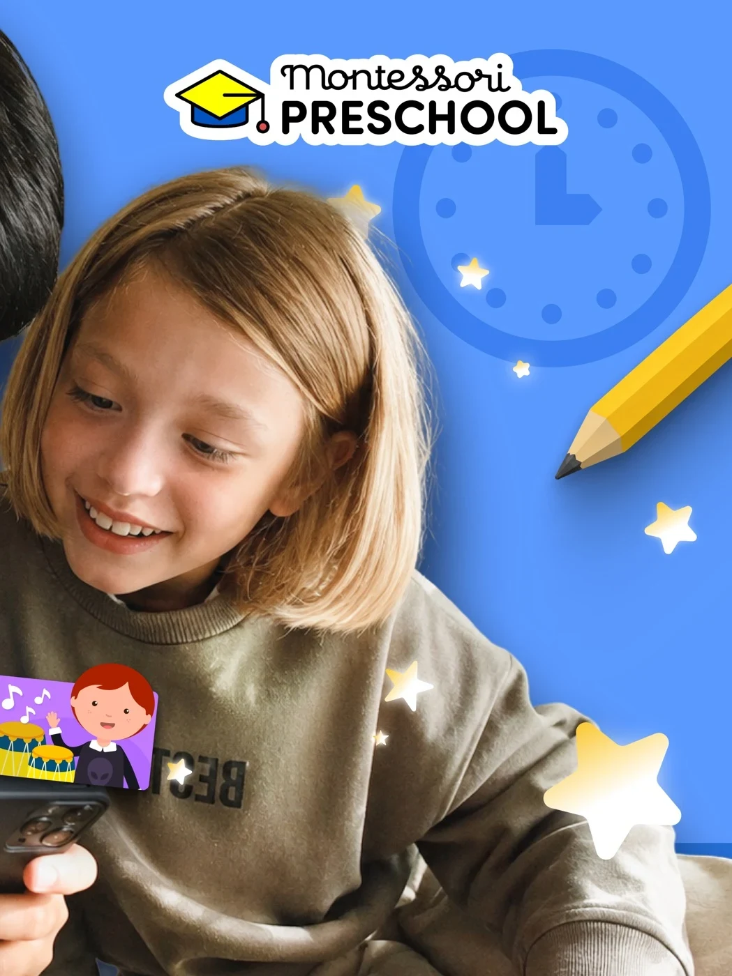 Montessori Preschool, Kids 3-7, panel 2: A second portrait carries the product name.