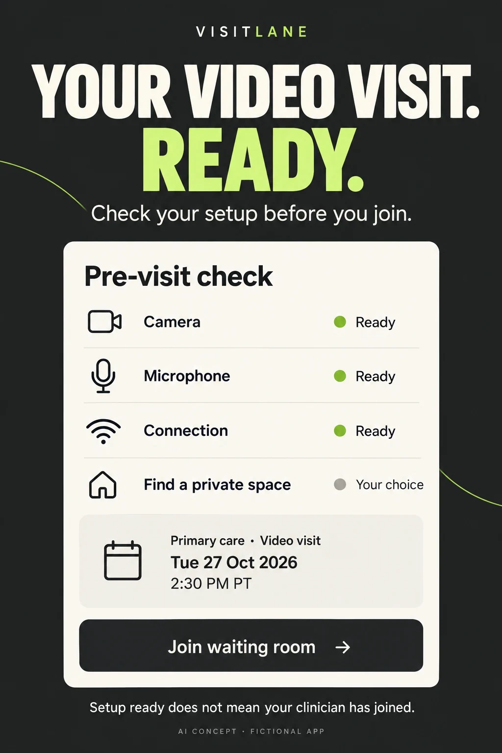 AI concept showing camera microphone and connection readiness before joining a waiting room