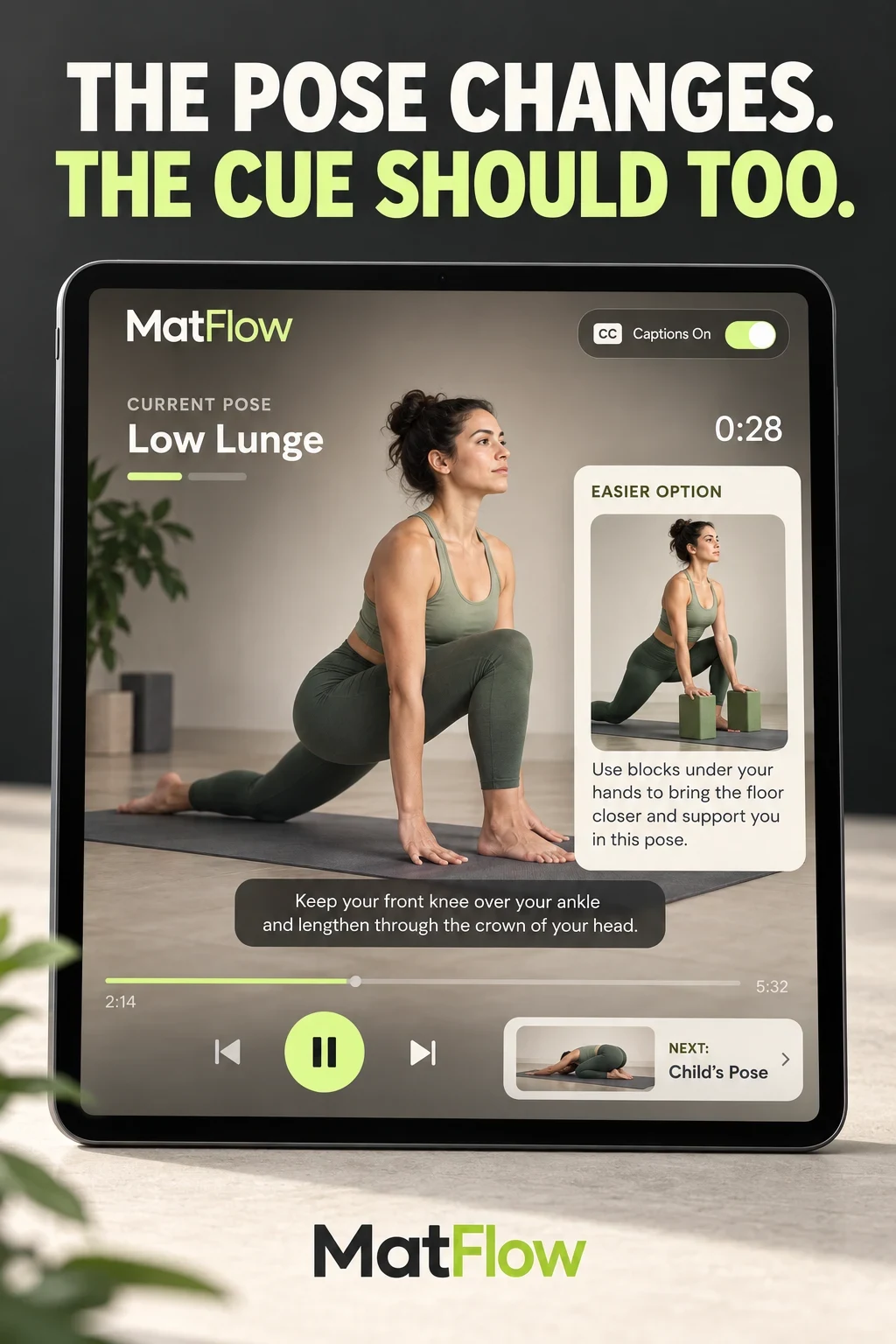 AI concept for fictional MatFlow showing a current pose, easier option, cue, captions and next pose