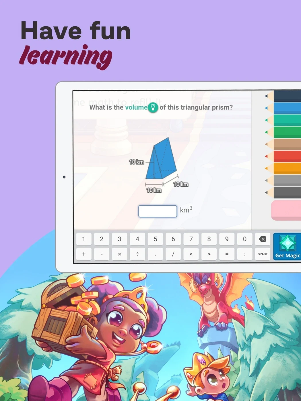 Prodigy Math Game, panel 2: A triangular-prism question shows numeric input.
