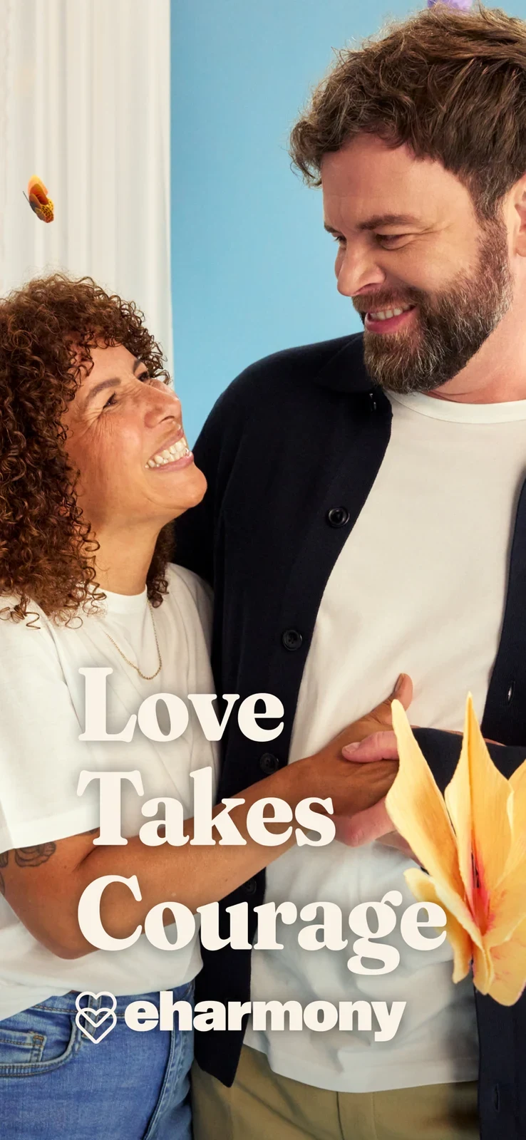 eharmony: dating & real love, panel 1: A couple photograph opens with an aspirational brand message.