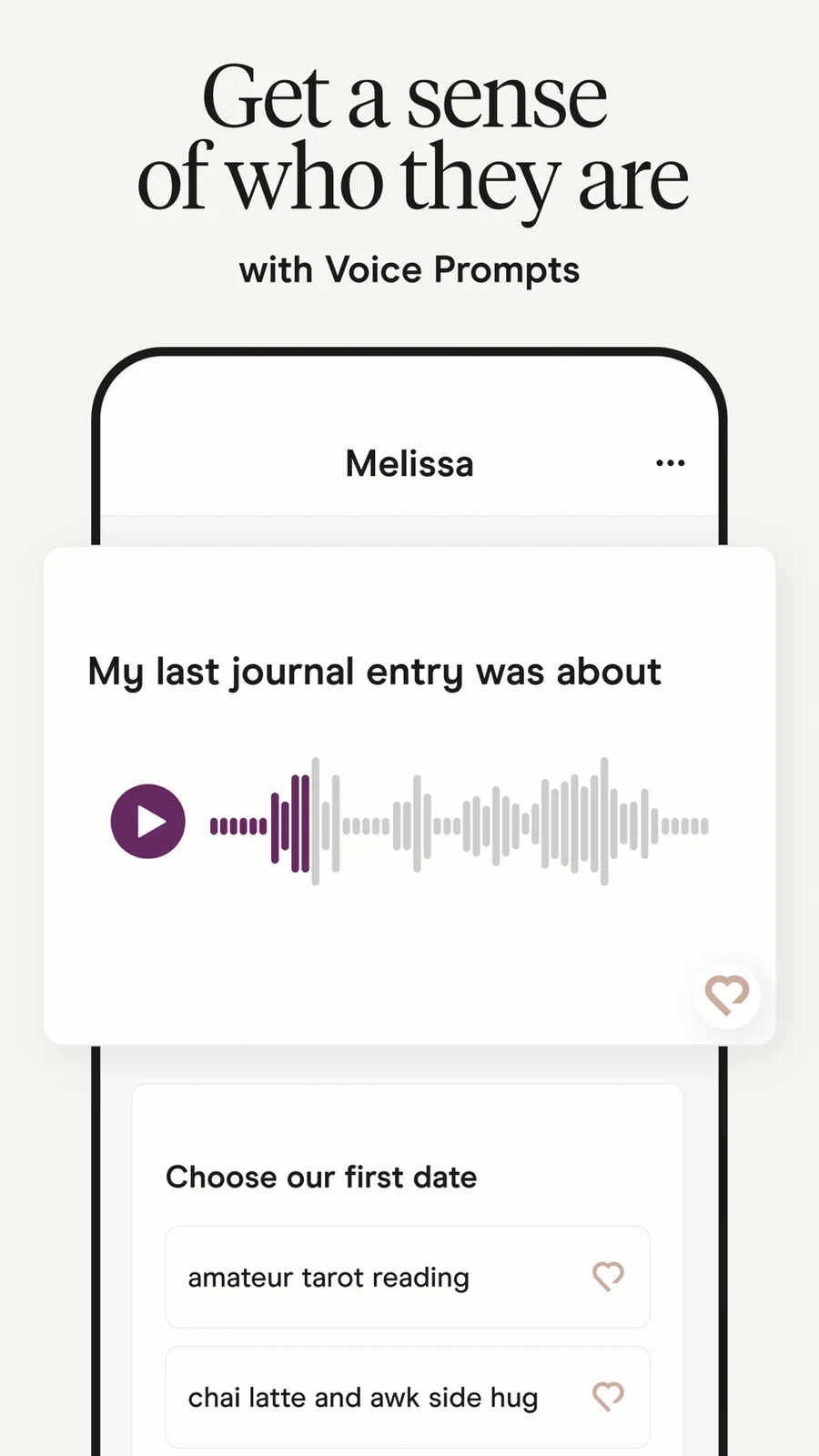 Hinge, panel 4: A voice prompt and first-date options demonstrate profile expression.