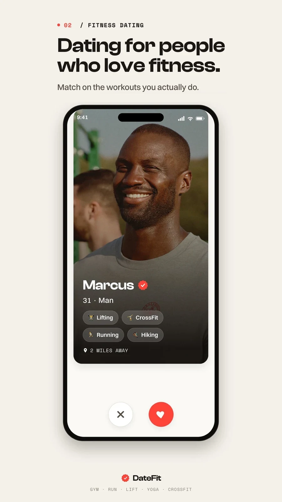 DateFit: Fitness Dating, panel 2: A profile shows workout interests.