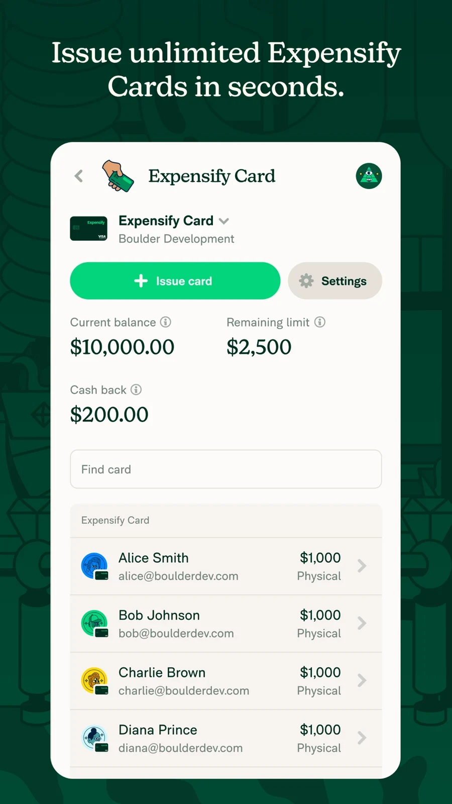 Expensify: corporate-card issue screen with balances and cardholder rows