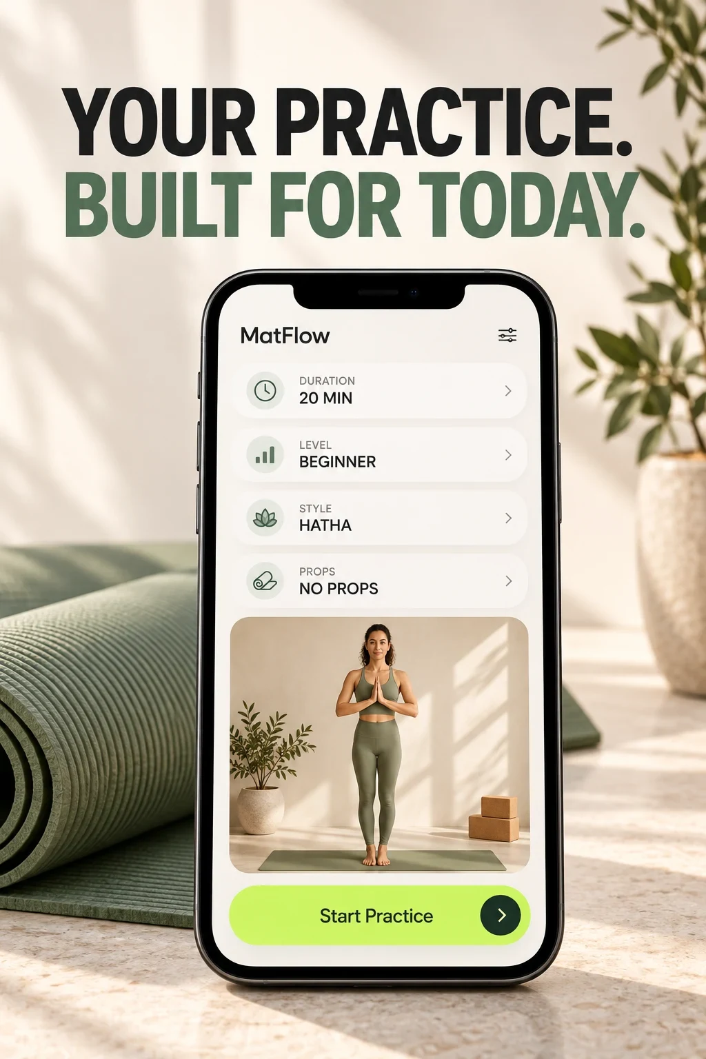 Fictional MatFlow concept showing duration, level, style and props before a yoga practice