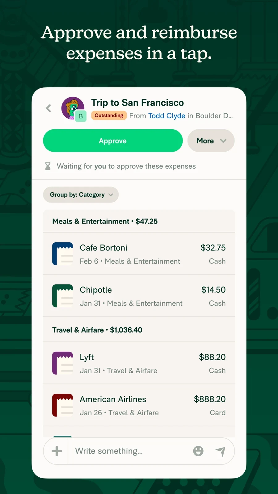 Expensify: outstanding report with approval action and itemized expenses