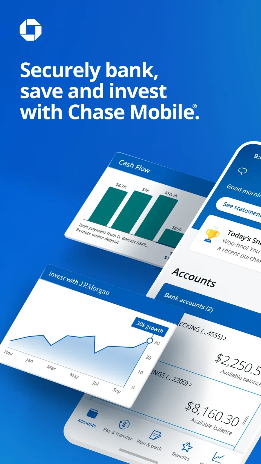 Chase: tilted montage of account balances cash flow and investing
