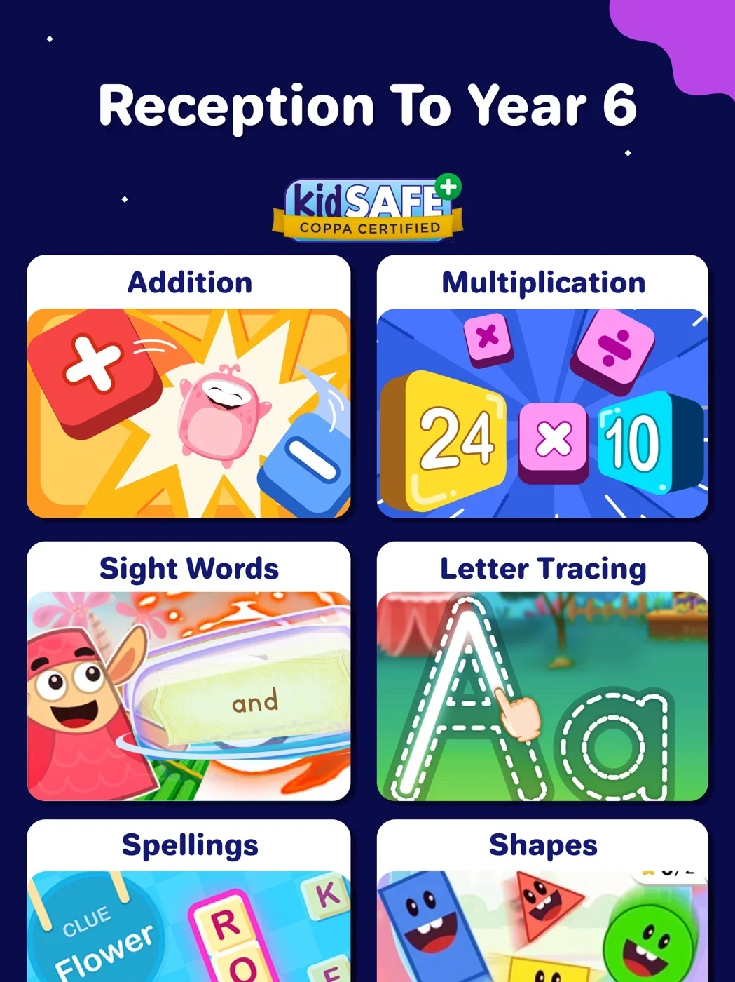 SplashLearn: Learning Games, panel 2: A subject grid appears with school-stage and certification claims.