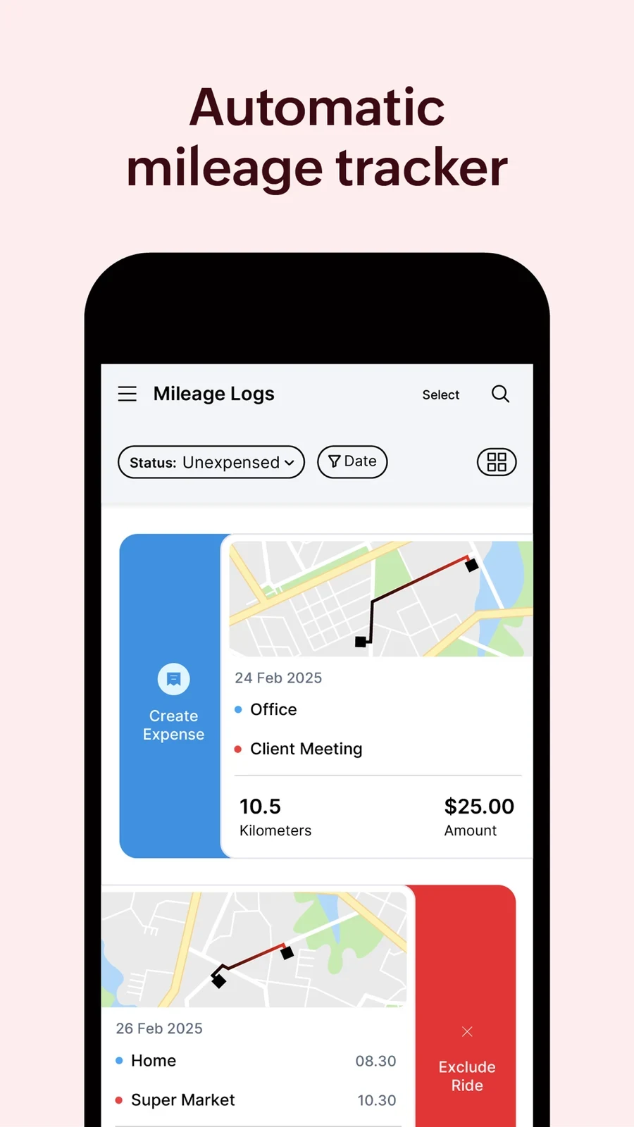 Zoho Expense: mileage log with create-expense and exclude-ride decisions