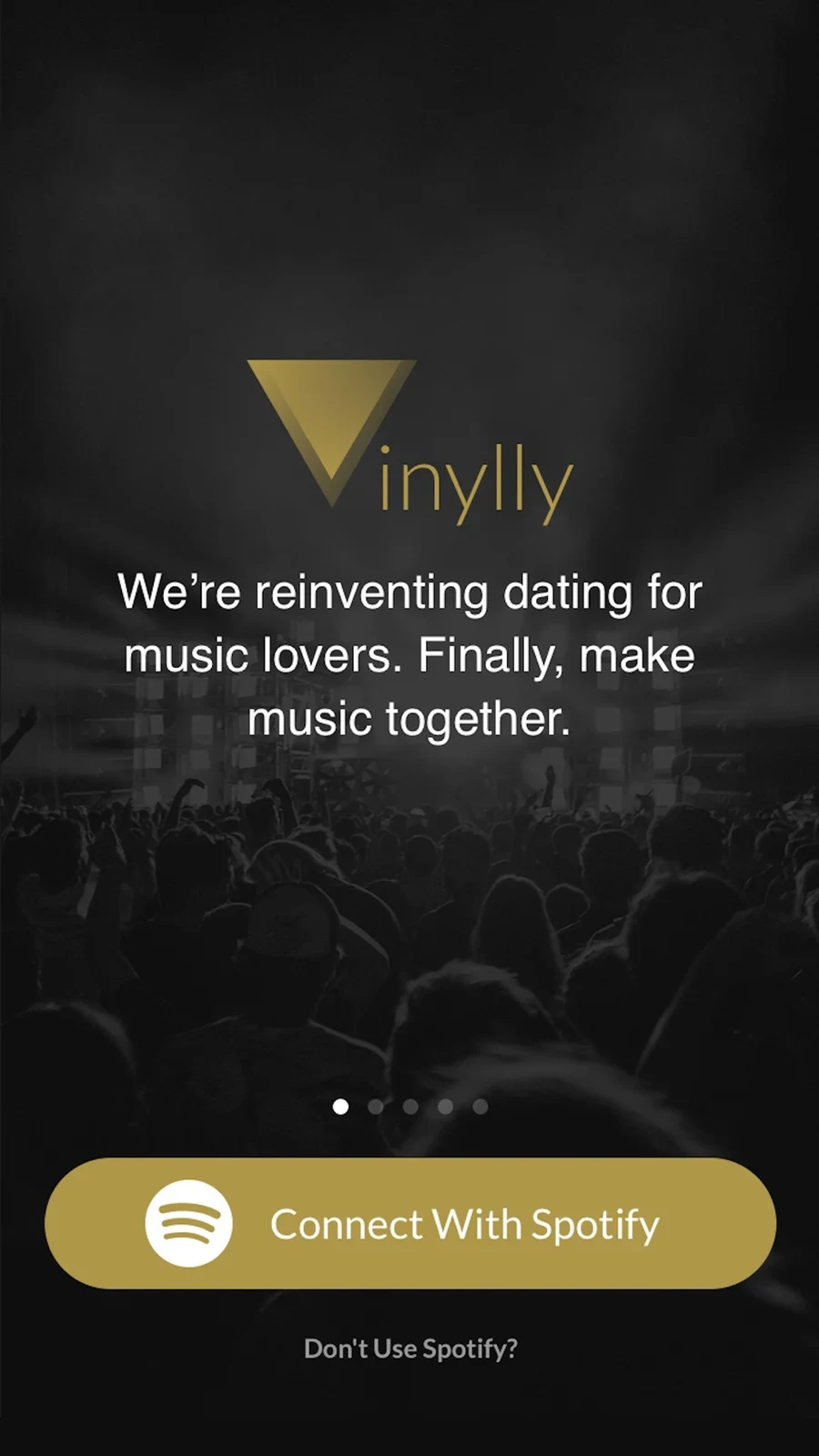 Vinylly Music Lovers Dating, panel 1: A music headline presents a streaming connection and an alternative.
