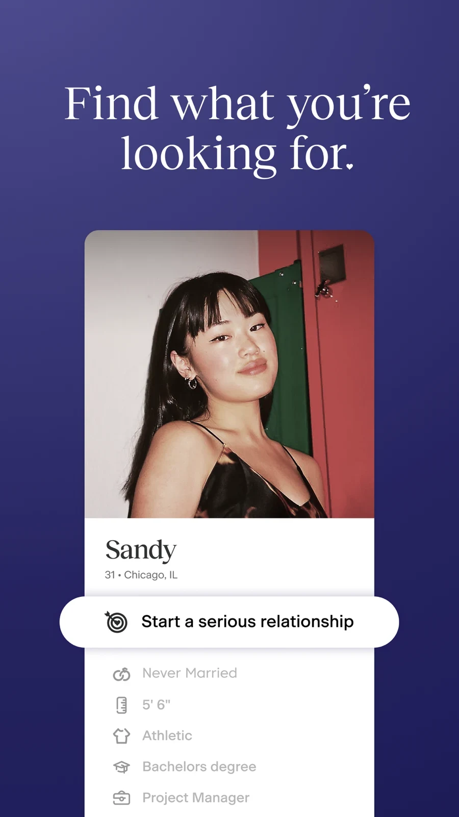 Match Dating App: Chat & Meet, panel 4: An enlarged goal label shows a serious-relationship intention.