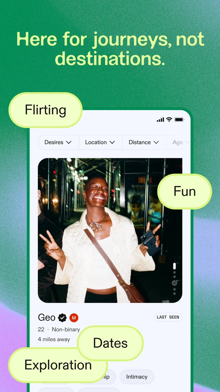 Feeld: Open & Curious Dating, panel 4: A profile appears with broad intention labels and location controls.