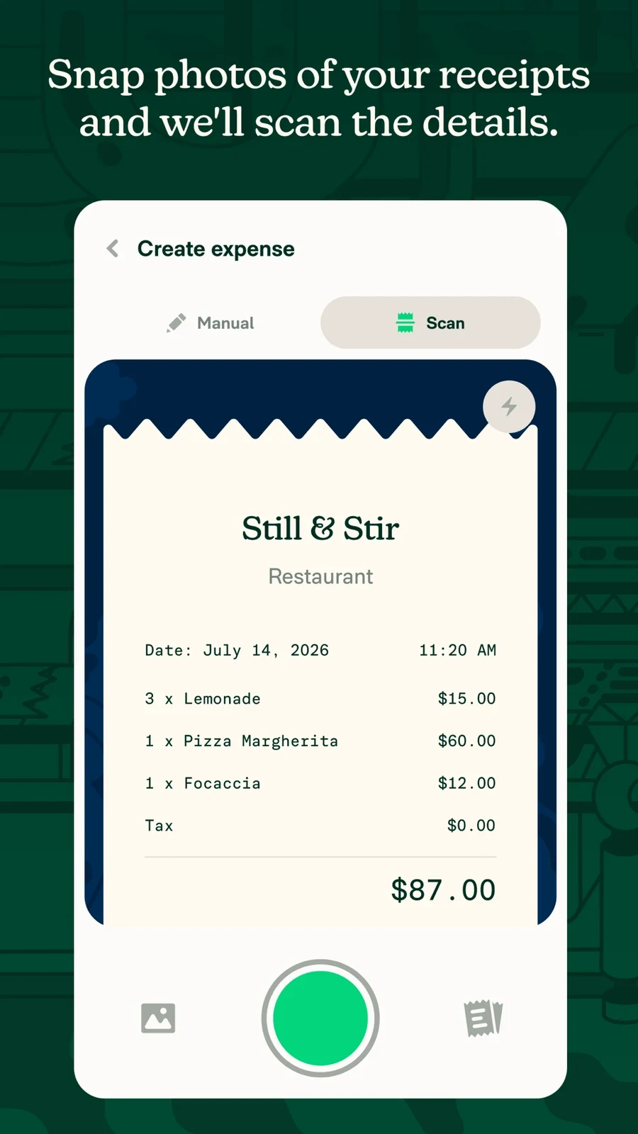 Expensify: receipt camera view showing an eighty-seven-dollar example
