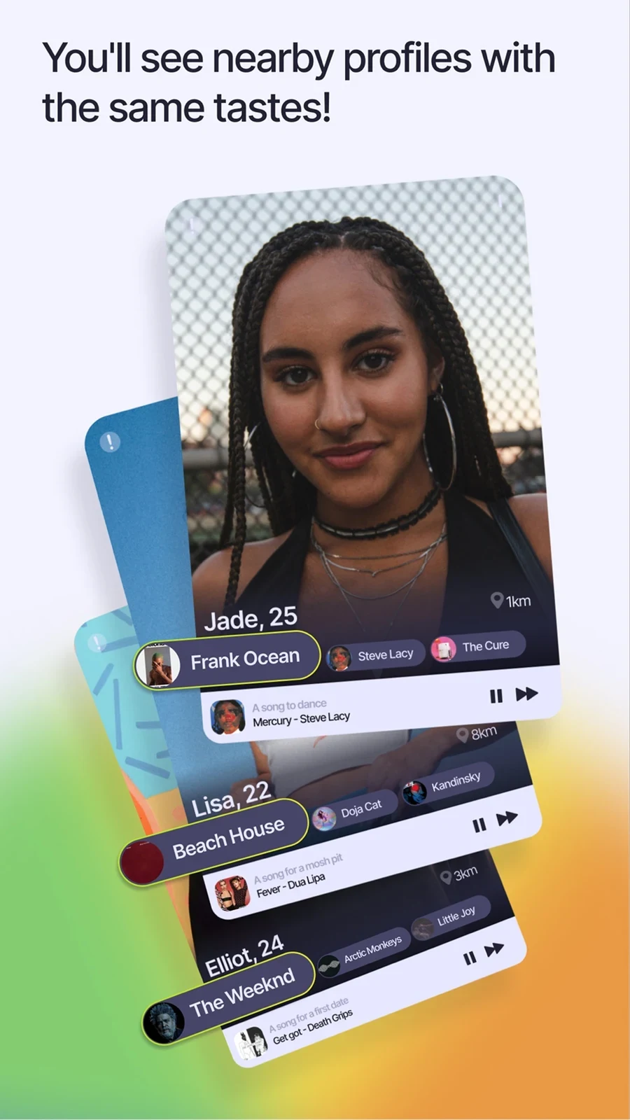 Turn-Up, panel 2: Nearby profiles display music tastes and distance.