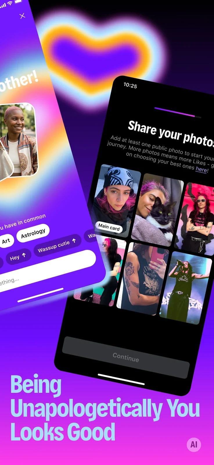 Taimi LGBTQ+ Dating & Chat App, panel 3: AI-labelled collage shows photo onboarding and a message input.
