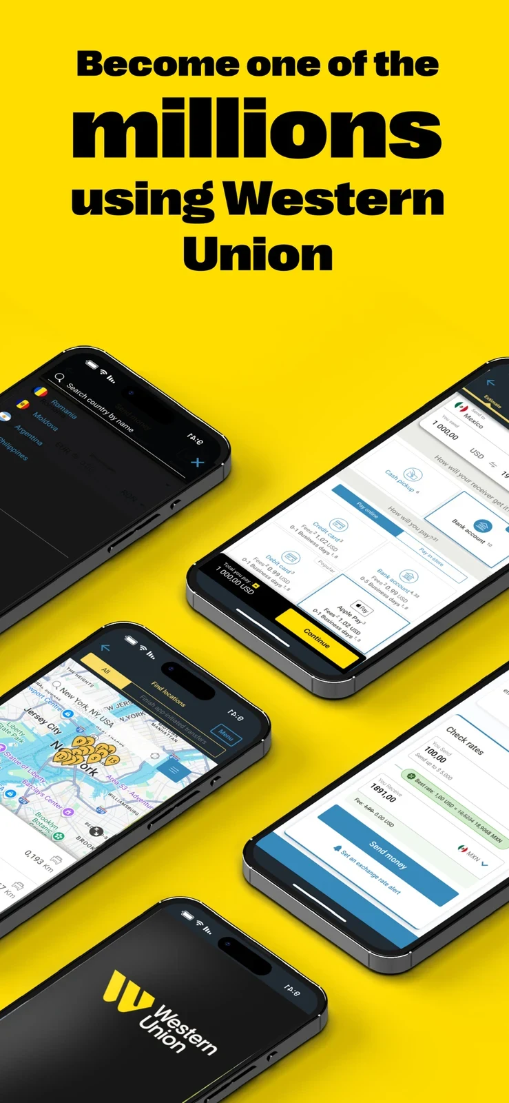 Western Union, panel 1: A yellow-and-black opening layers several angled screens beneath social proof.