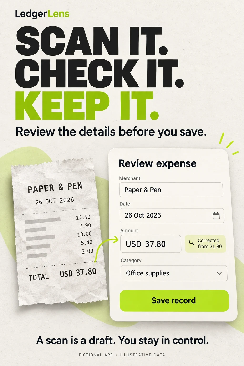Fictional LedgerLens concept showing a receipt amount corrected before saving an expense
