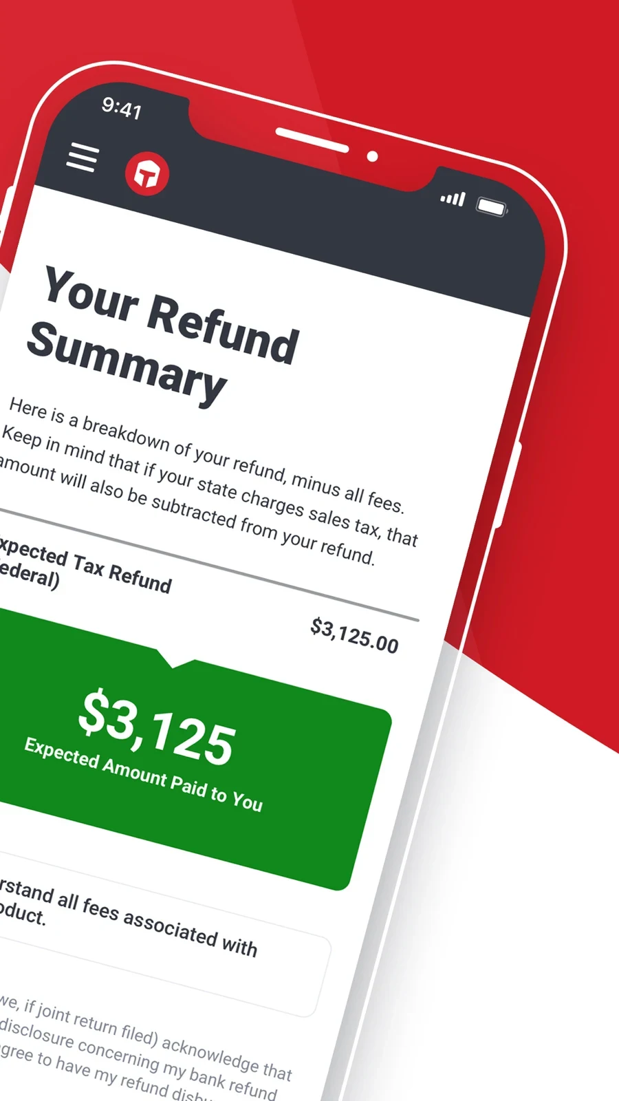 TaxSlayer, panel 2: An angled refund summary shows an expected amount and fee context.