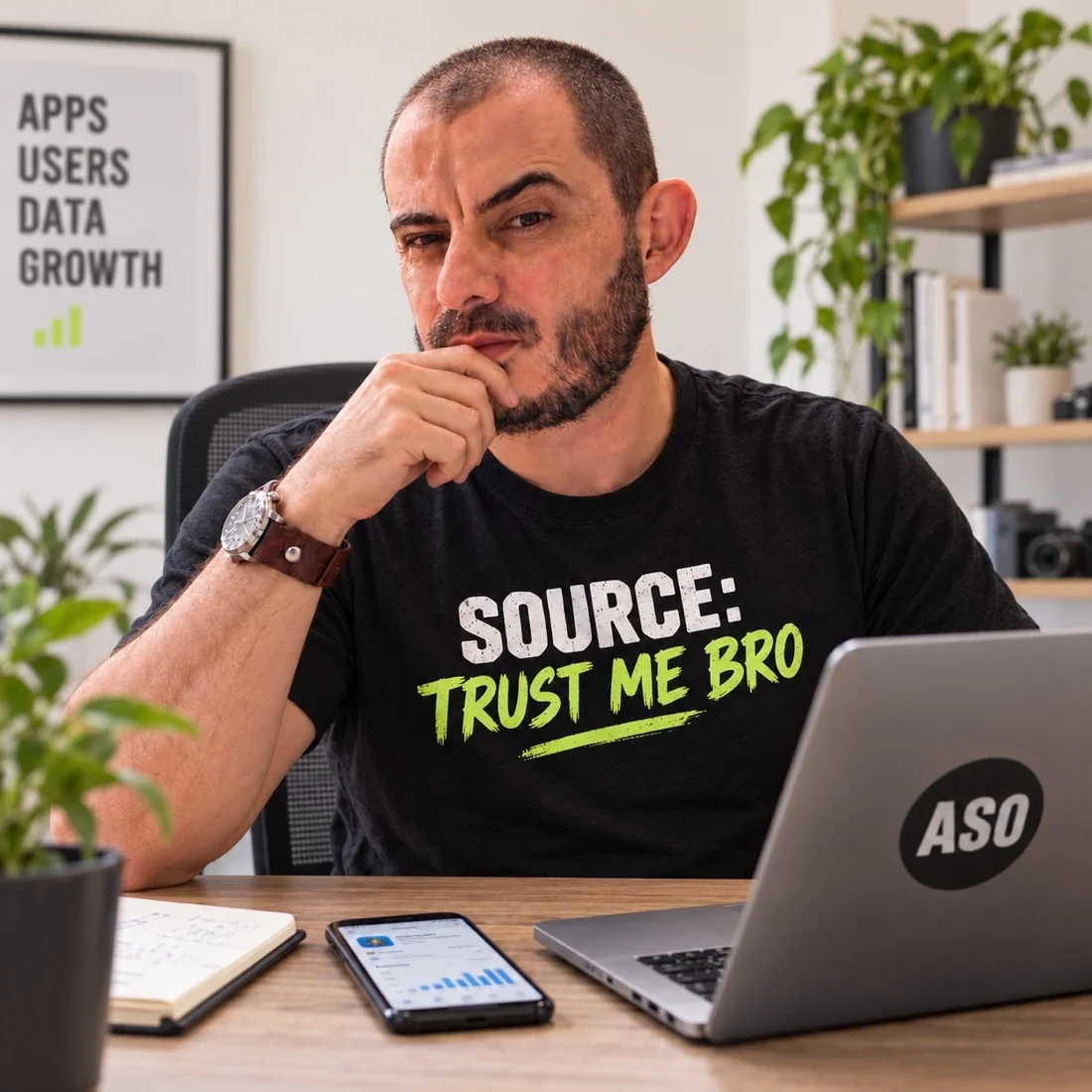 Gabriel investigating app performance reports at his desk