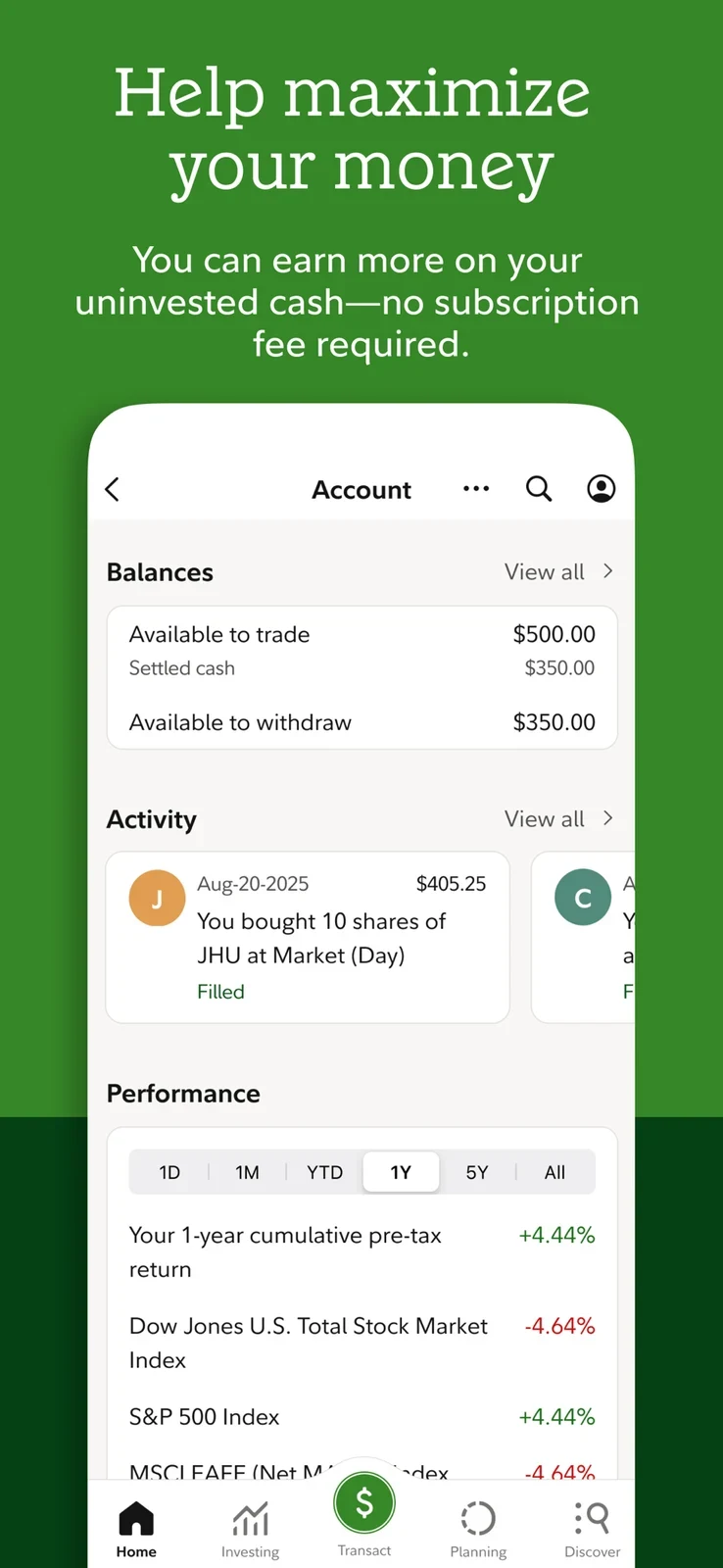 Fidelity, panel 4: A cash message sits above balance, activity and performance information.