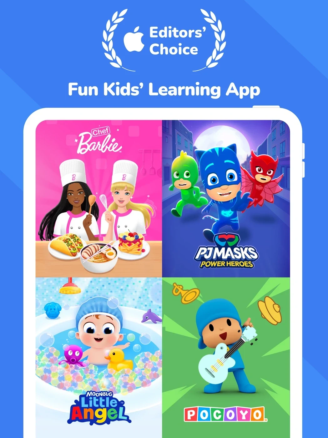 Kiddopia: Kids Learning Games, panel 1: A character collection accompanies an Editors’ Choice claim.