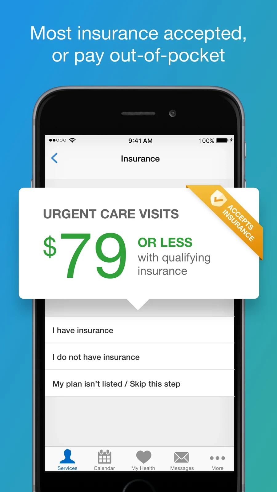 Amwell: visit-price card and insurance choices