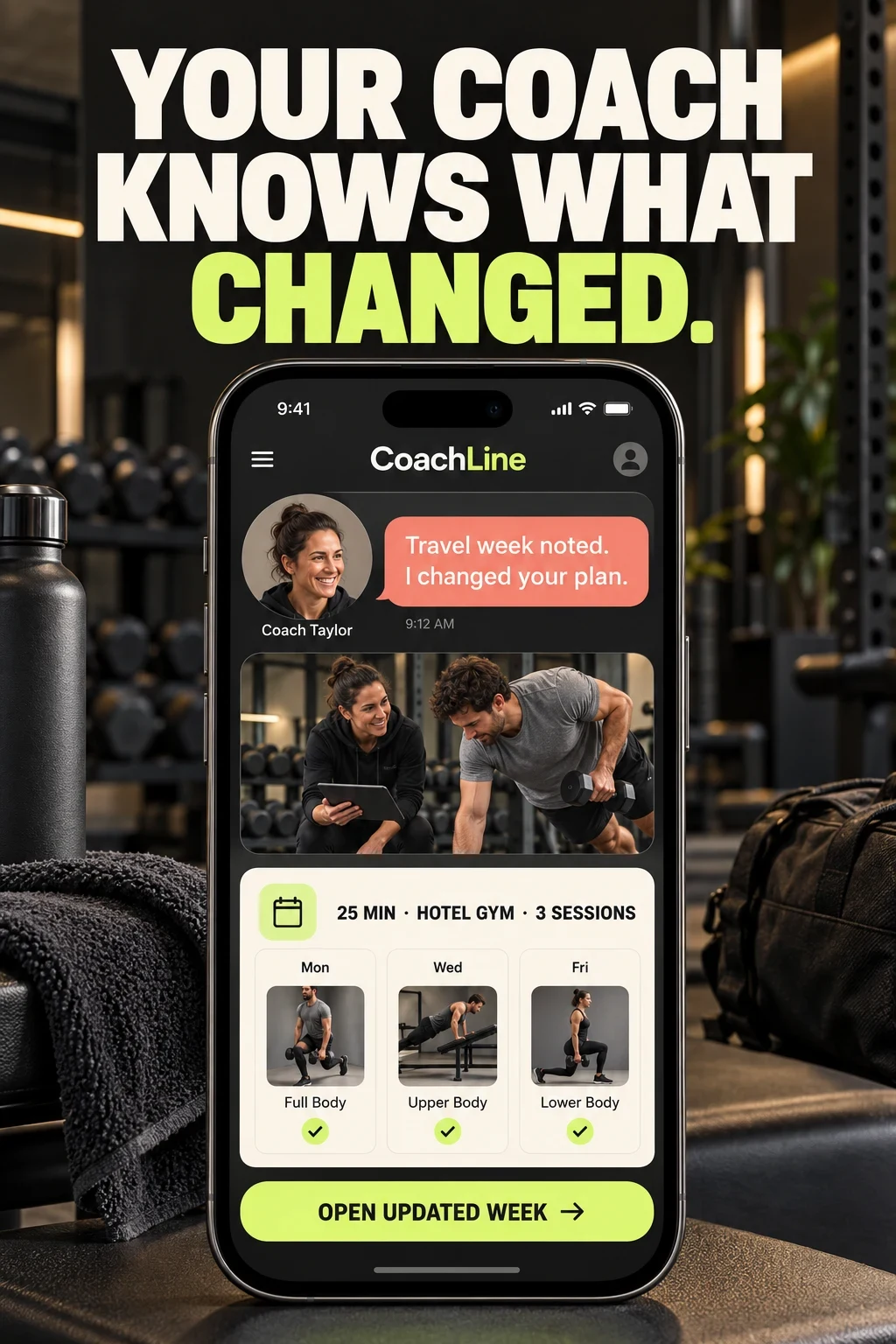 Fictional CoachLine concept showing a human coach adapting a travel-week plan