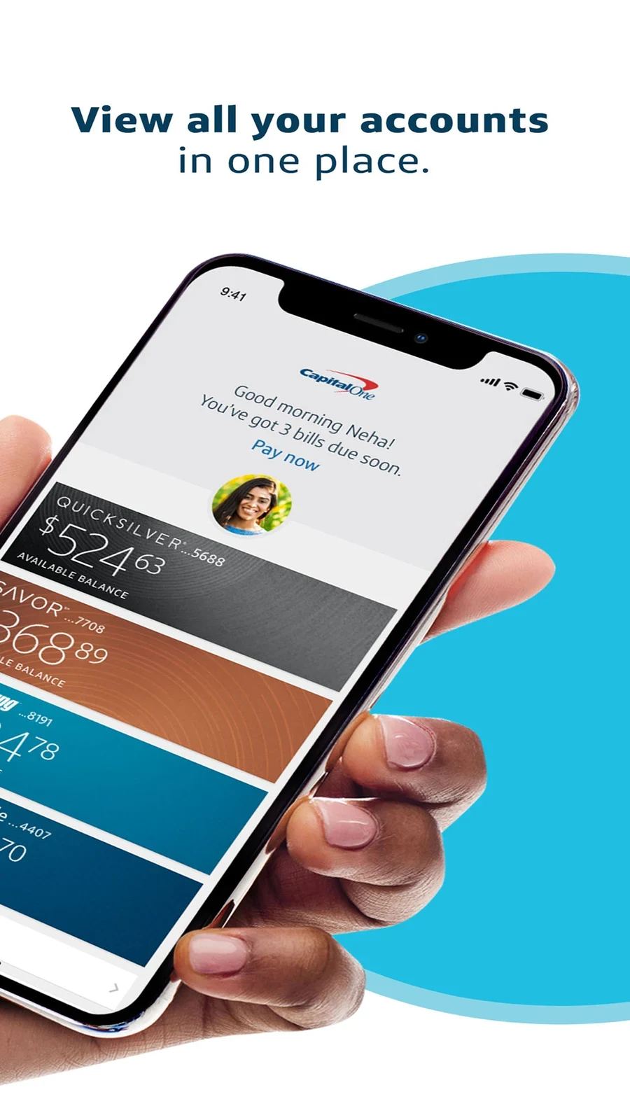 Capital One, panel 2: A tilted account overview demonstrates multiple account cards.