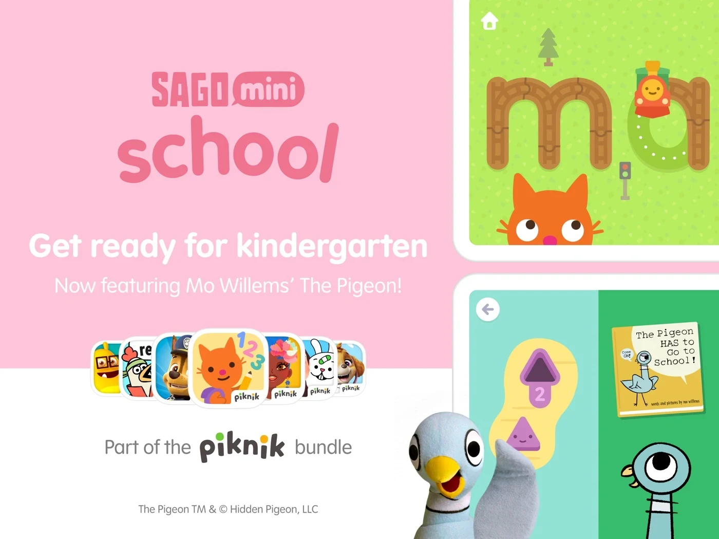 Sago Mini School Toddler Games, panel 1: A readiness message appears beside letter and story screens.