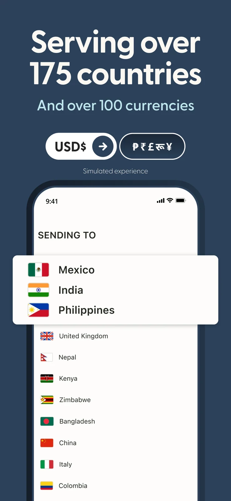 Remitly, panel 4: A country list and currency imagery communicate breadth.