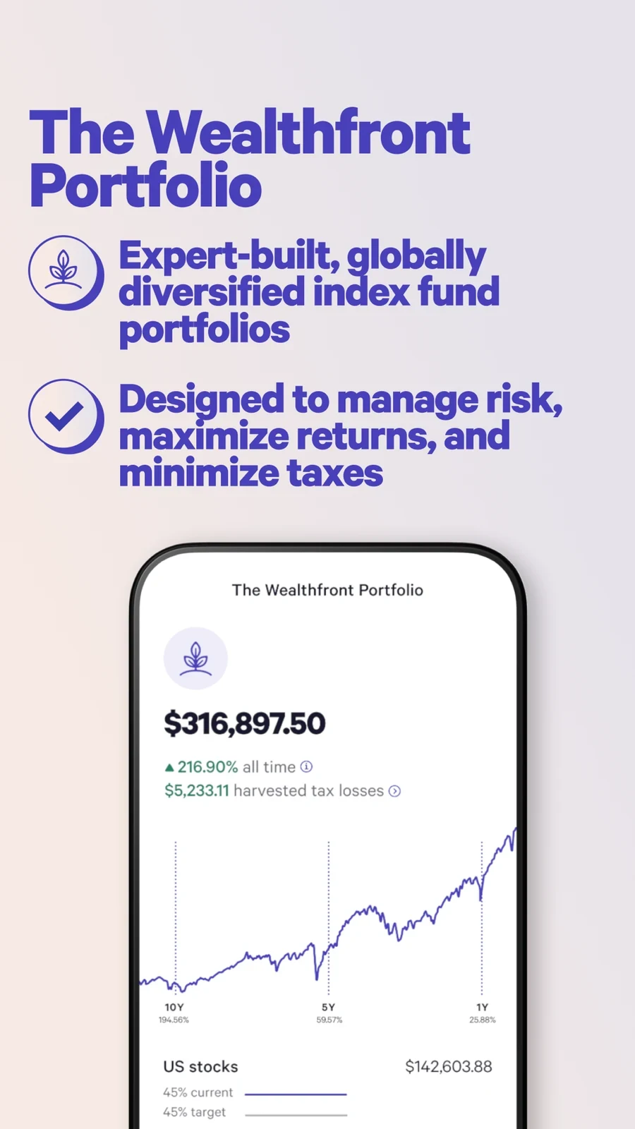 Wealthfront, panel 4: A portfolio screen shows historical-performance and allocation information.