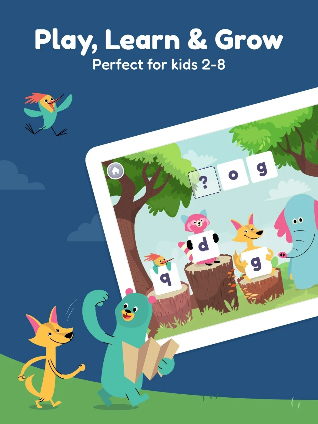 Khan Academy Kids, panel 1: An age range appears beside a letter activity.