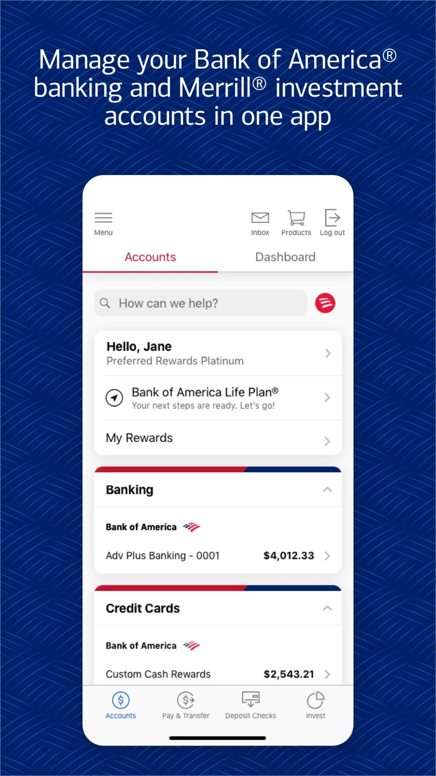 Bank of America, panel 1: A centered account dashboard supports a multi-account opening promise.