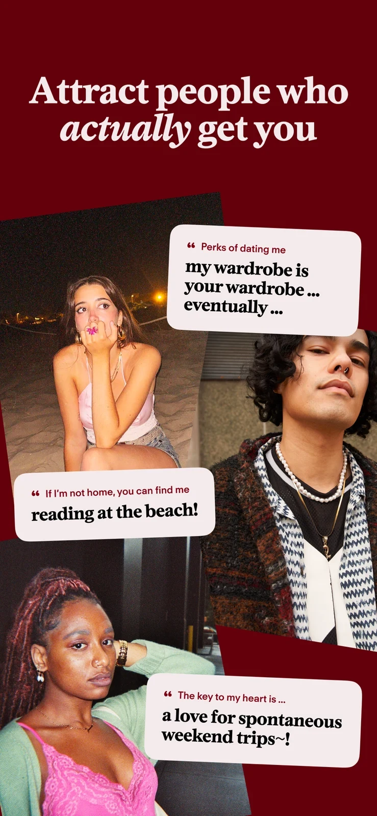 Tinder, panel 2: A collage pairs adult portraits with profile-prompt snippets.
