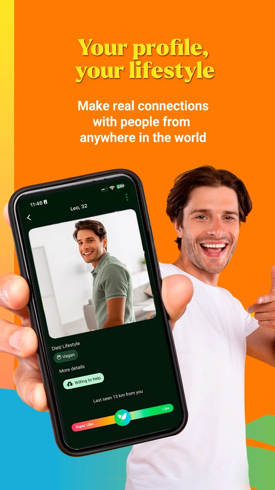Veggly – Vegan Dating App, panel 4: A profile and distance appear with a global connection message.
