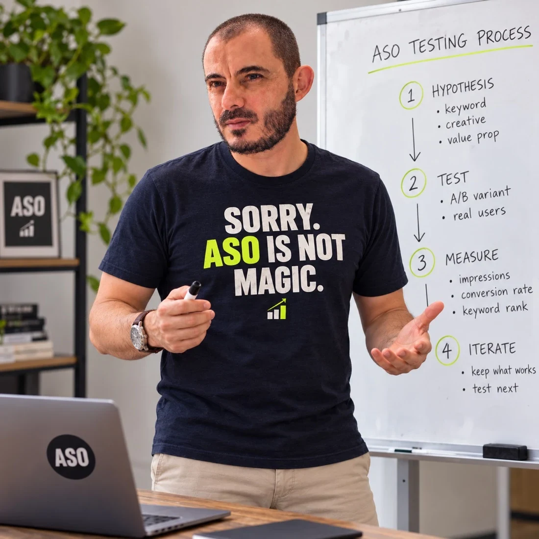 Gabriel reviewing app strategy and performance at work