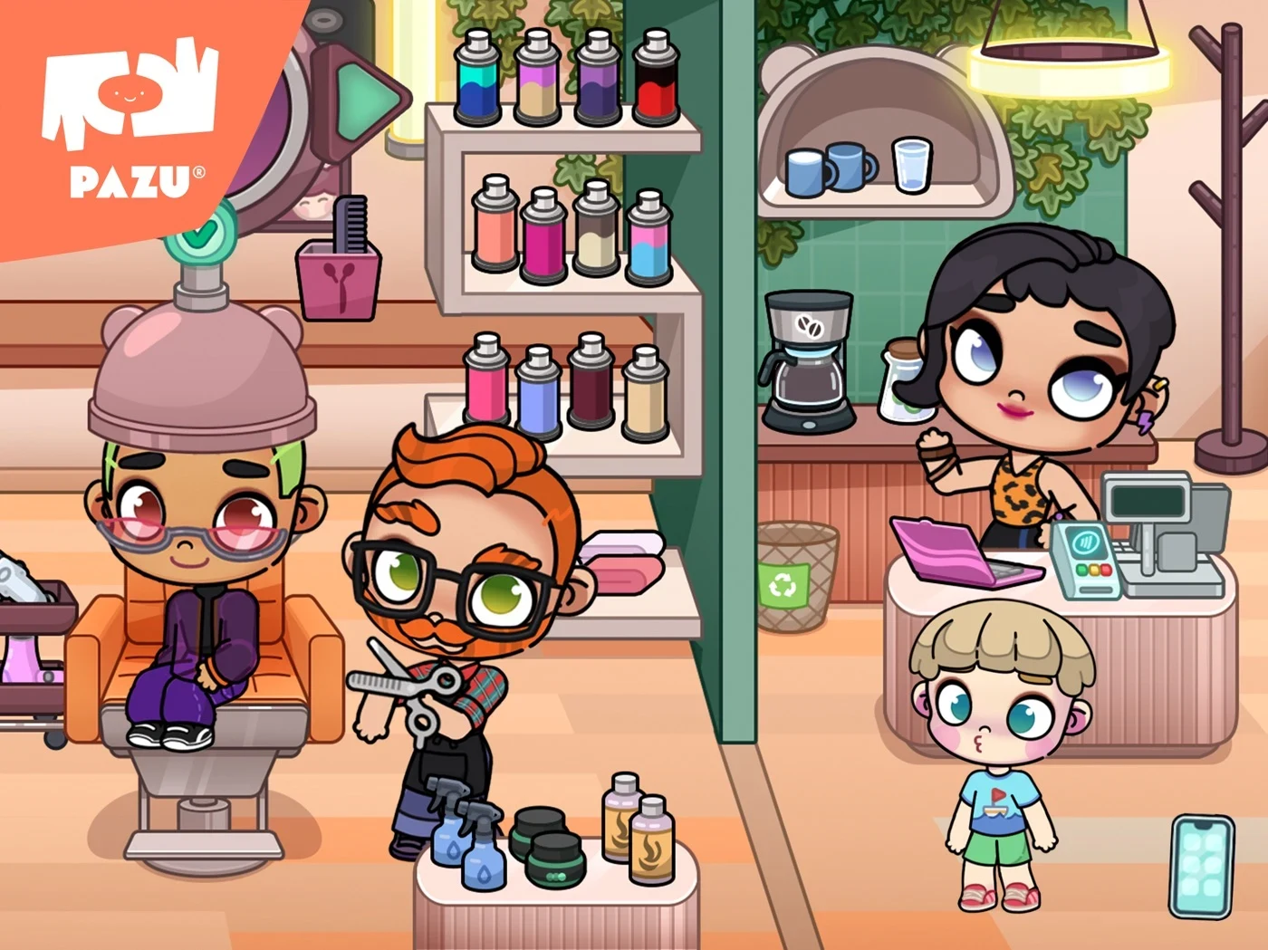 Avatar World ®, panel 3: A salon scene shows characters and equipment.