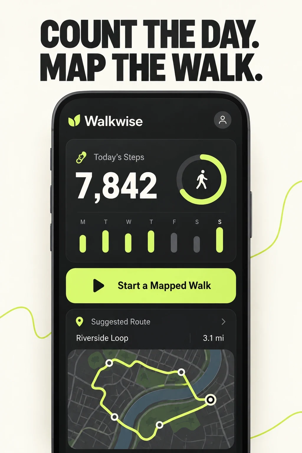 Fictional Walkwise concept separating passive daily steps from an explicitly started mapped walk