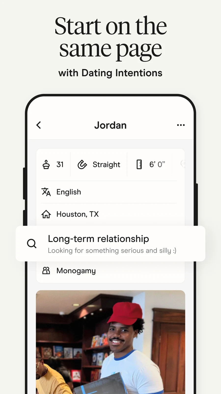 Hinge, panel 3: A profile highlights a long-term intention and relationship-type field.
