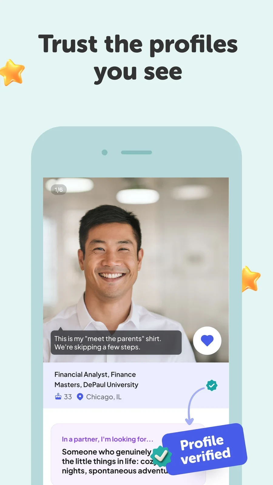Coffee Meets Bagel: Dating App, panel 2: A profile and verification badge accompany a trust headline.
